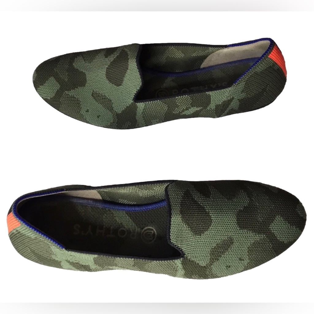 Rothy’s Womens Size 9 1/2 Camouflage Ballet Slides Orange Black Stripe Back